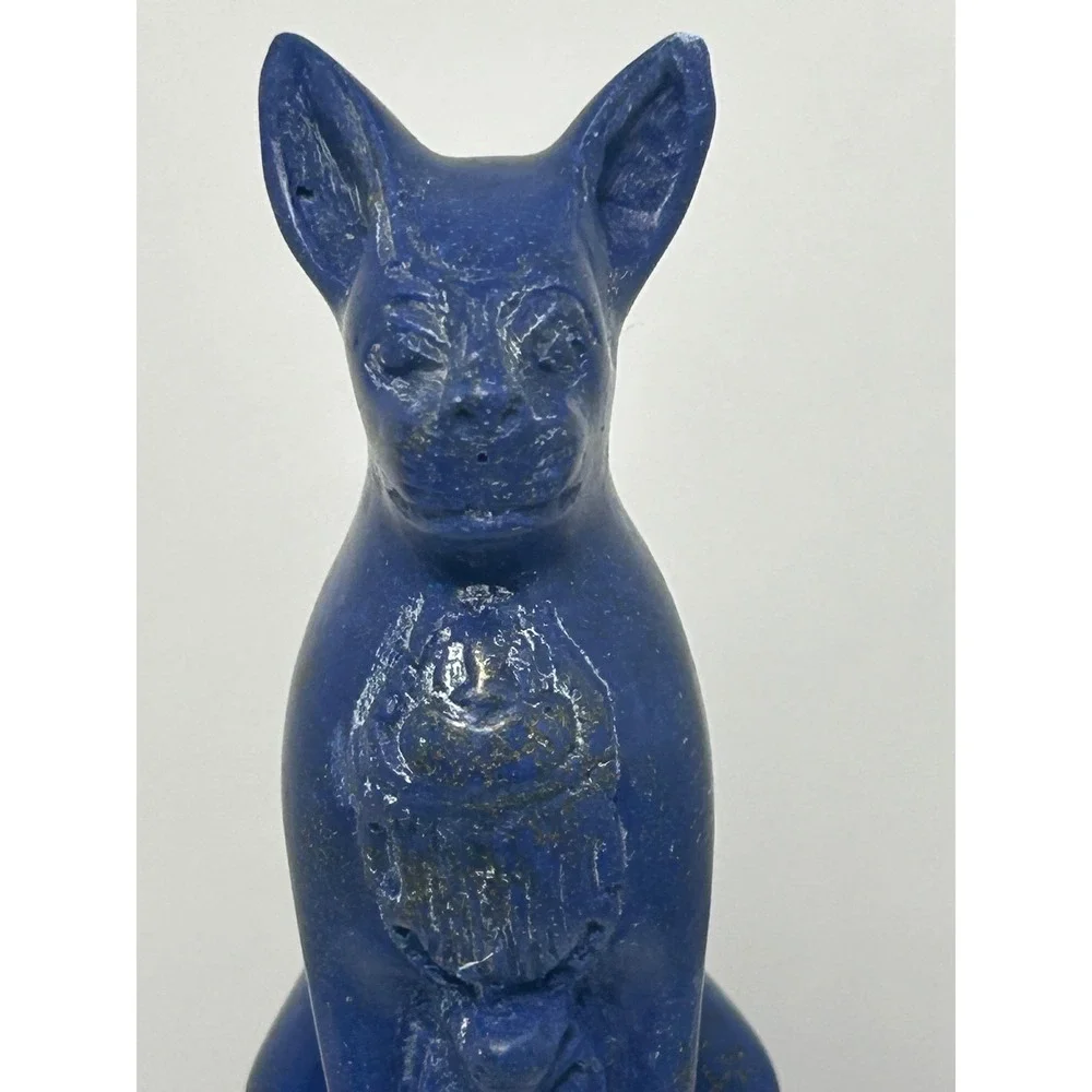 Vintage Egyptian Bastet Cat on Scarab Figurine Blue Lapis‎ Style Decor Large